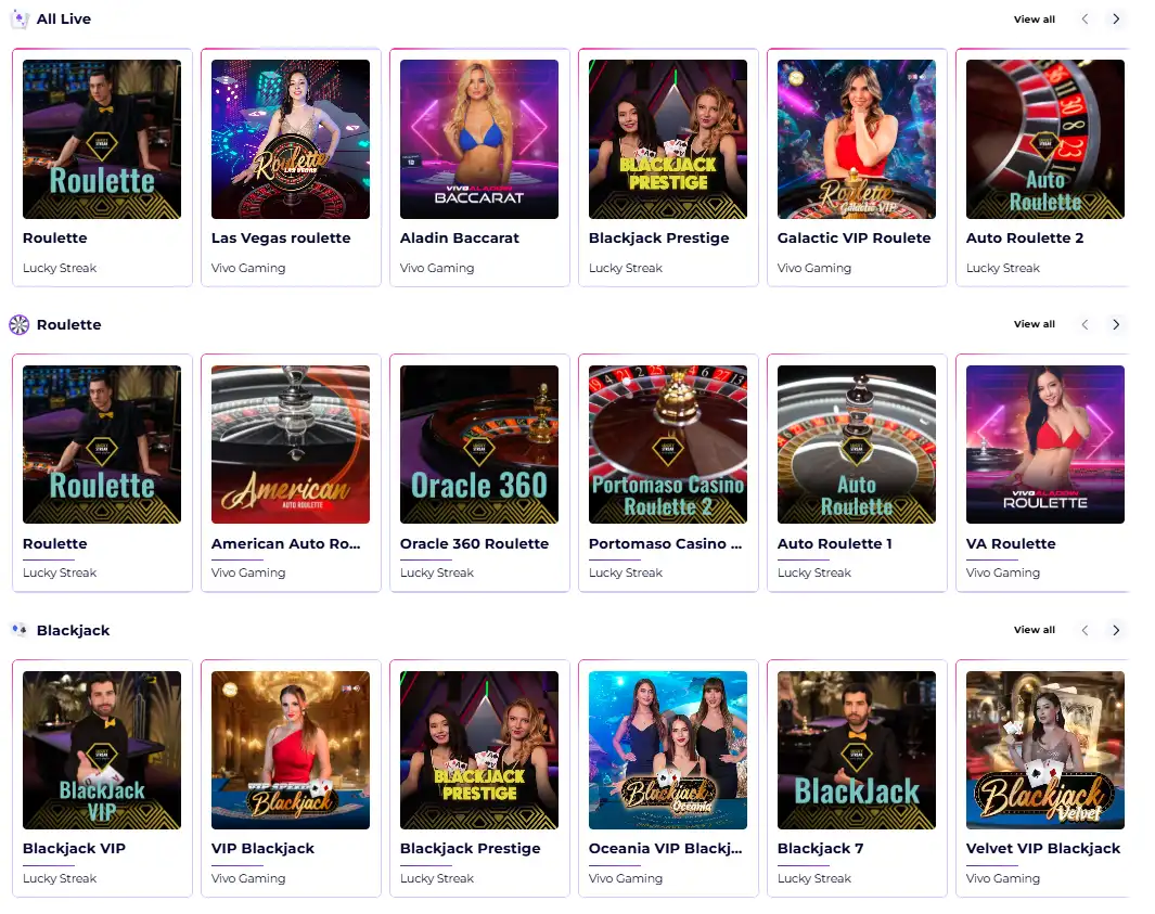 SlotRoyals live casino lobby with roulette and blackjack games from Vivo Gaming and Lucky Streak