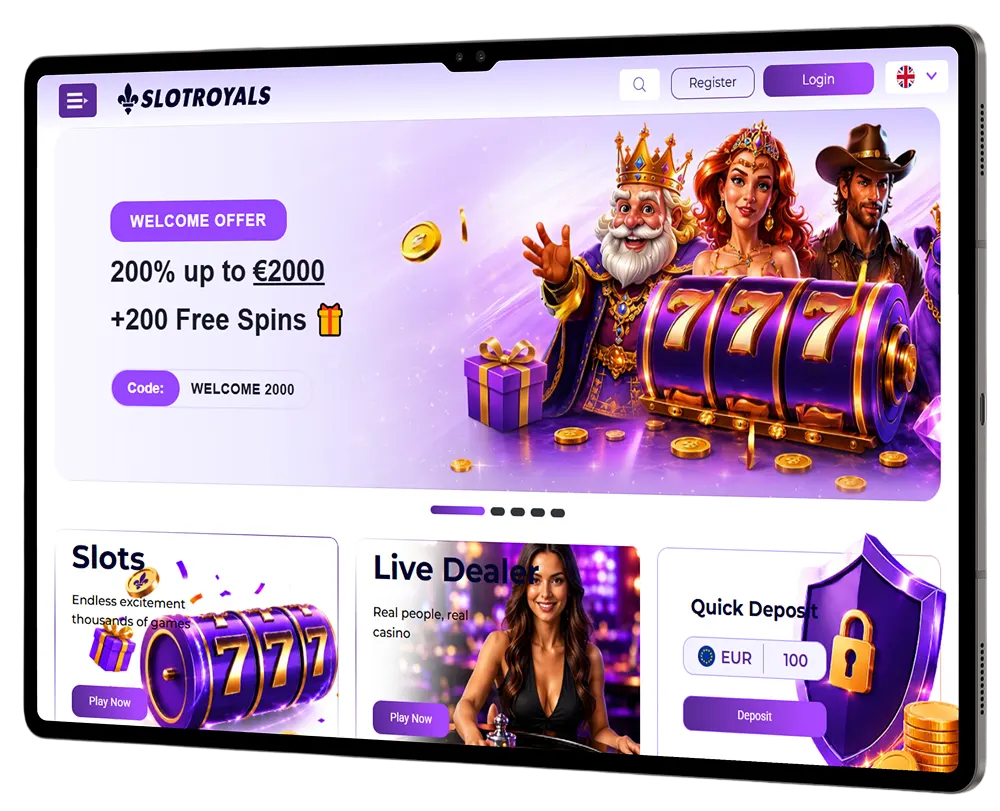 SlotRoyals casino website displayed on a tablet with slots, live casino and welcome offer