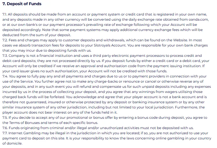 SlotRoyals deposit terms covering payment methods, fees, currency conversion and deposit conditions