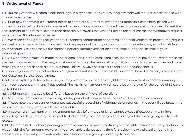 SlotRoyals withdrawal terms showing weekly and monthly limits, verification and withdrawal conditions