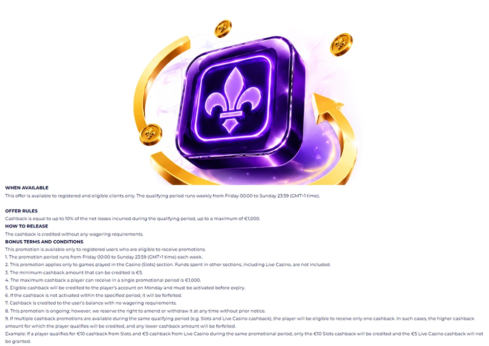 SlotRoyals slot cashback terms with up to 10% cashback on net losses