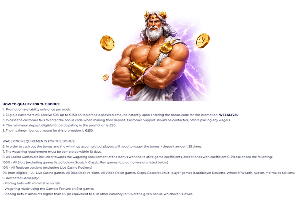 SlotRoyals weekly reload bonus with 50% up to €250 and 25x wagering