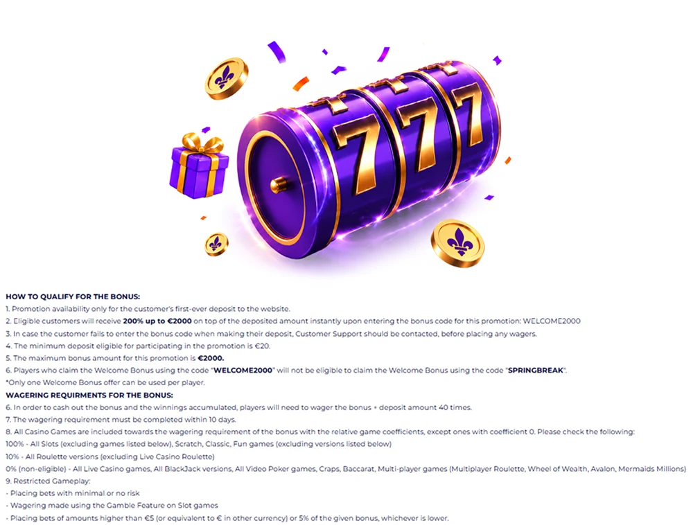 SlotRoyals welcome bonus terms with 200% up to €2,000 and 200 free spins