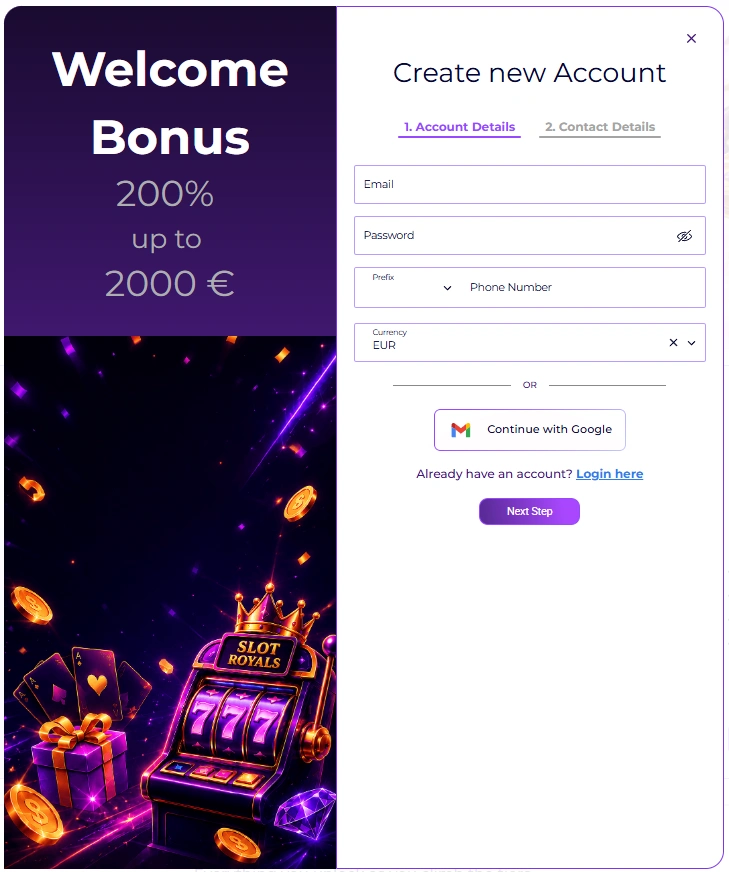 SlotRoyals registration form showing account details and EUR currency selection